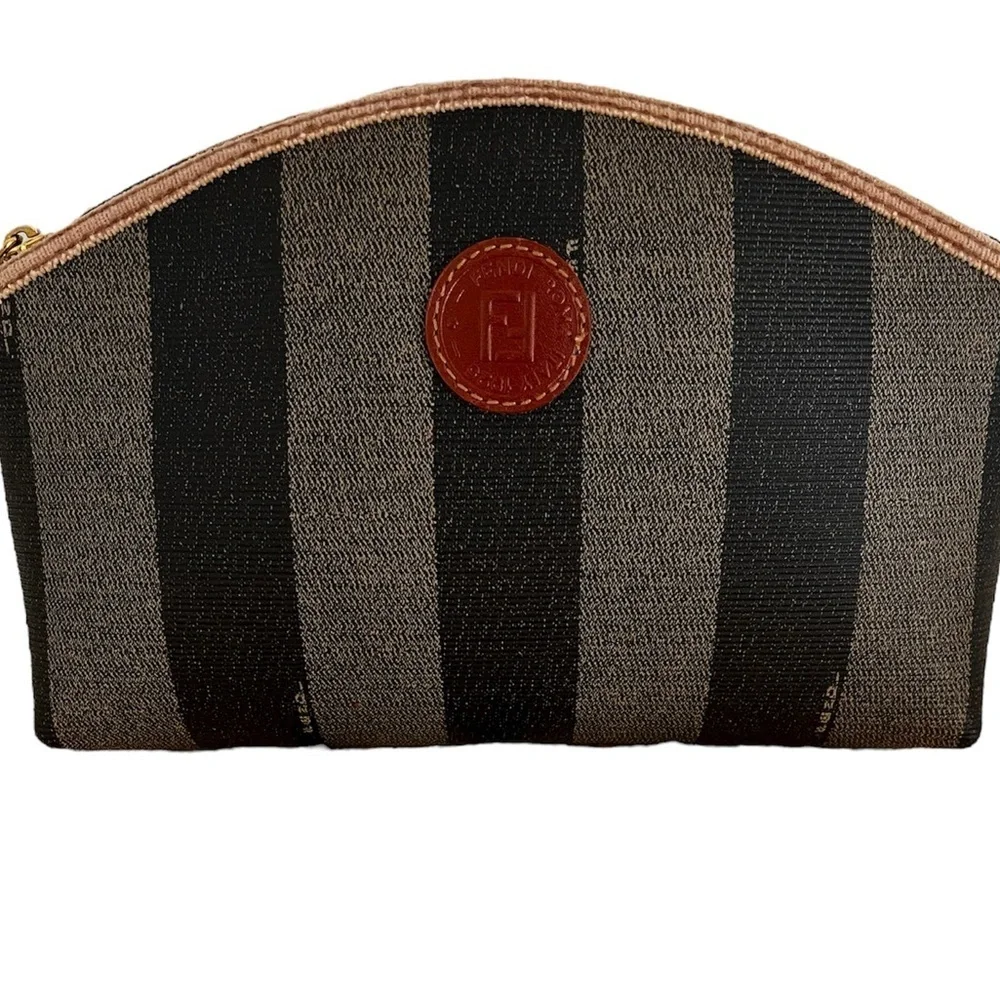 FENDI Pecan Striped Canvas Pouch Black Brown Gold COA 1980s Italy